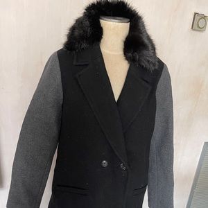 NWT Banana Republic black gray faux fur wool peacoat coat